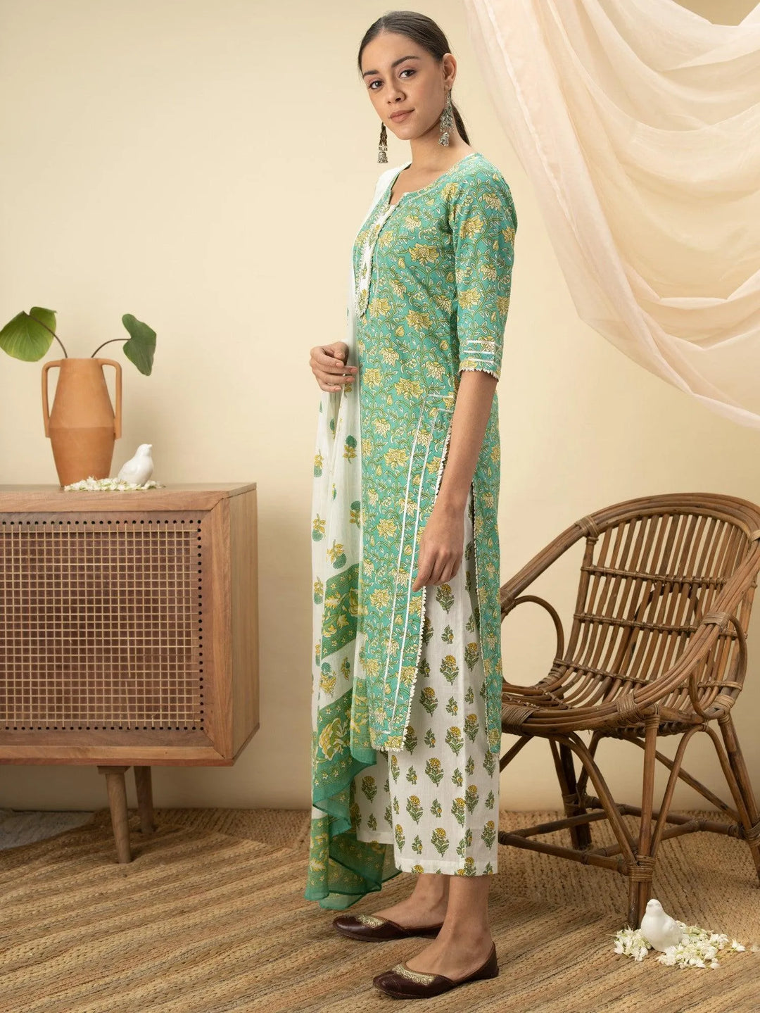 Green Printed Cotton Suit Set - Libas 