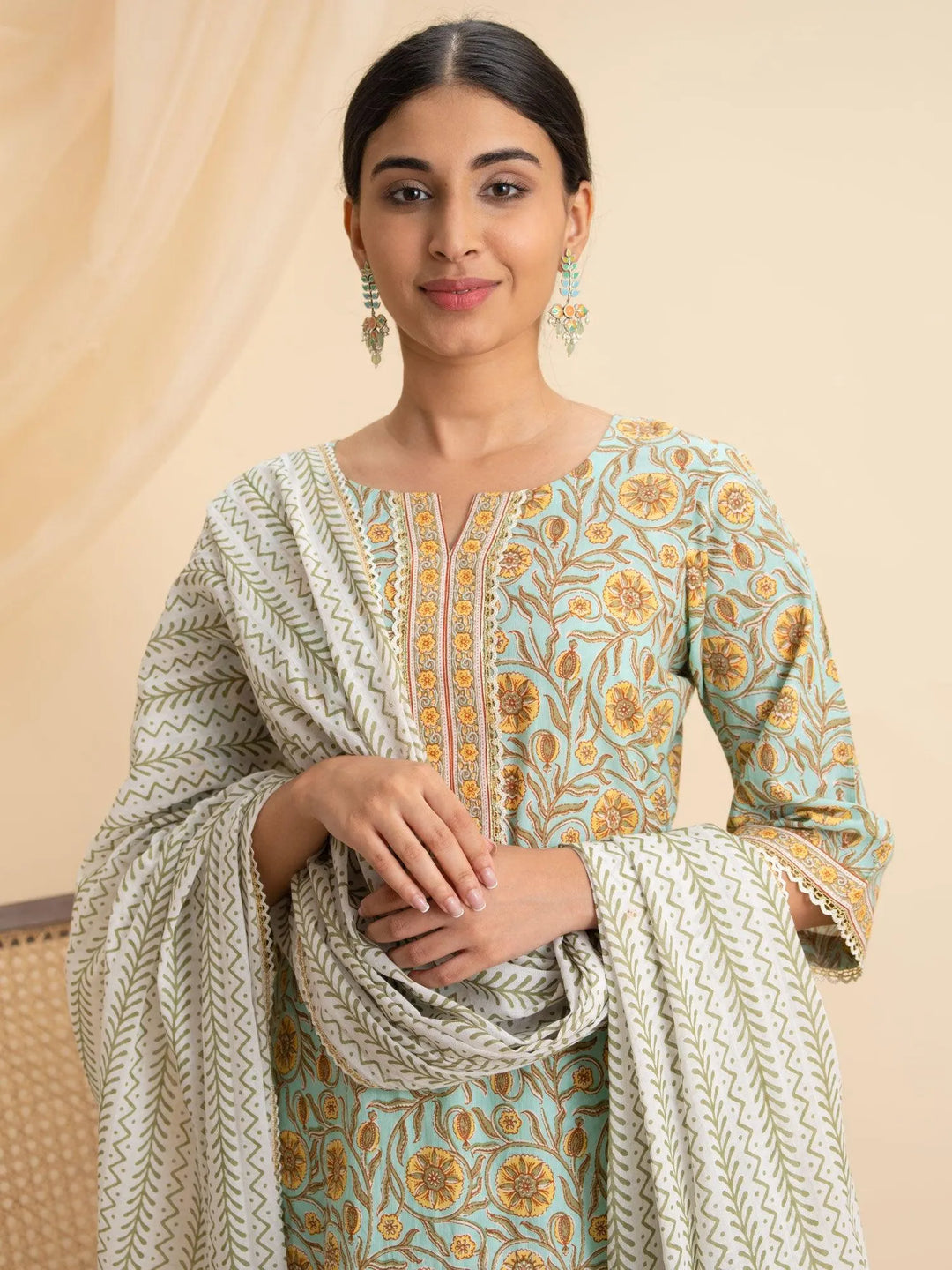 Green Printed Cotton Suit Set - Libas