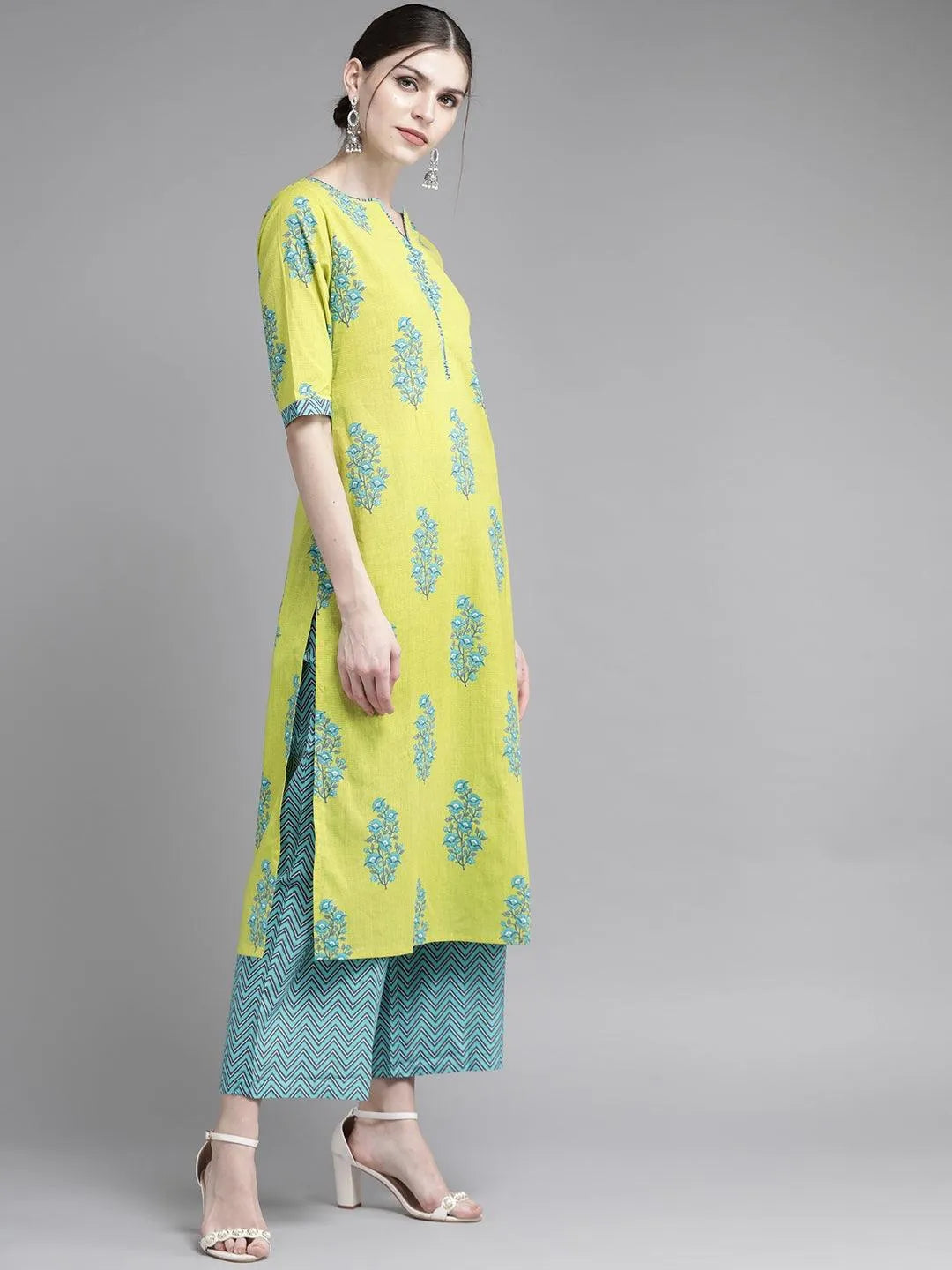 Buy Green Printed Cotton Straight Kurta With Palazzos & Dupatta Online ...