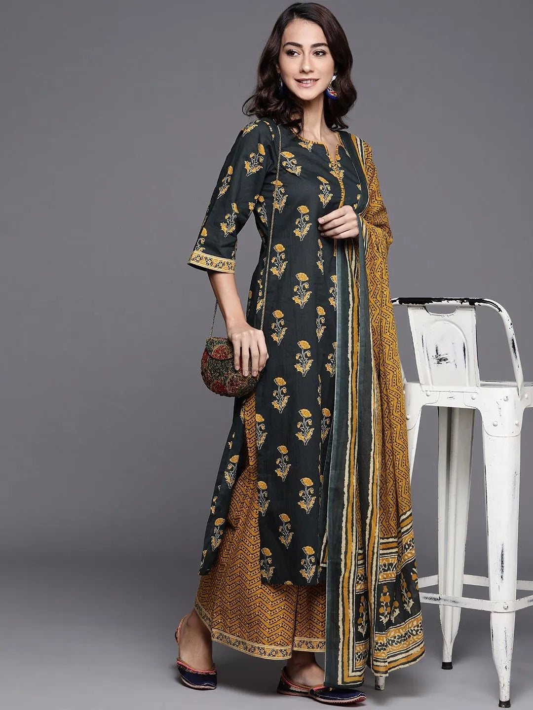 Green Printed Cotton Suit Set - Libas 