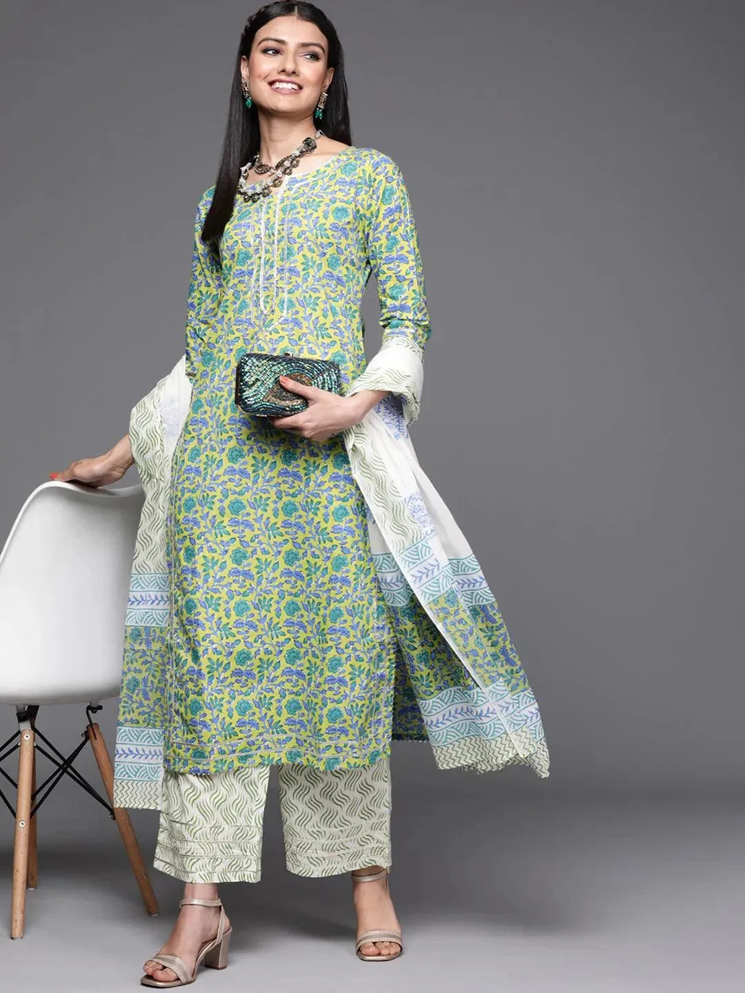 Green Printed Cotton Suit Set - Libas 