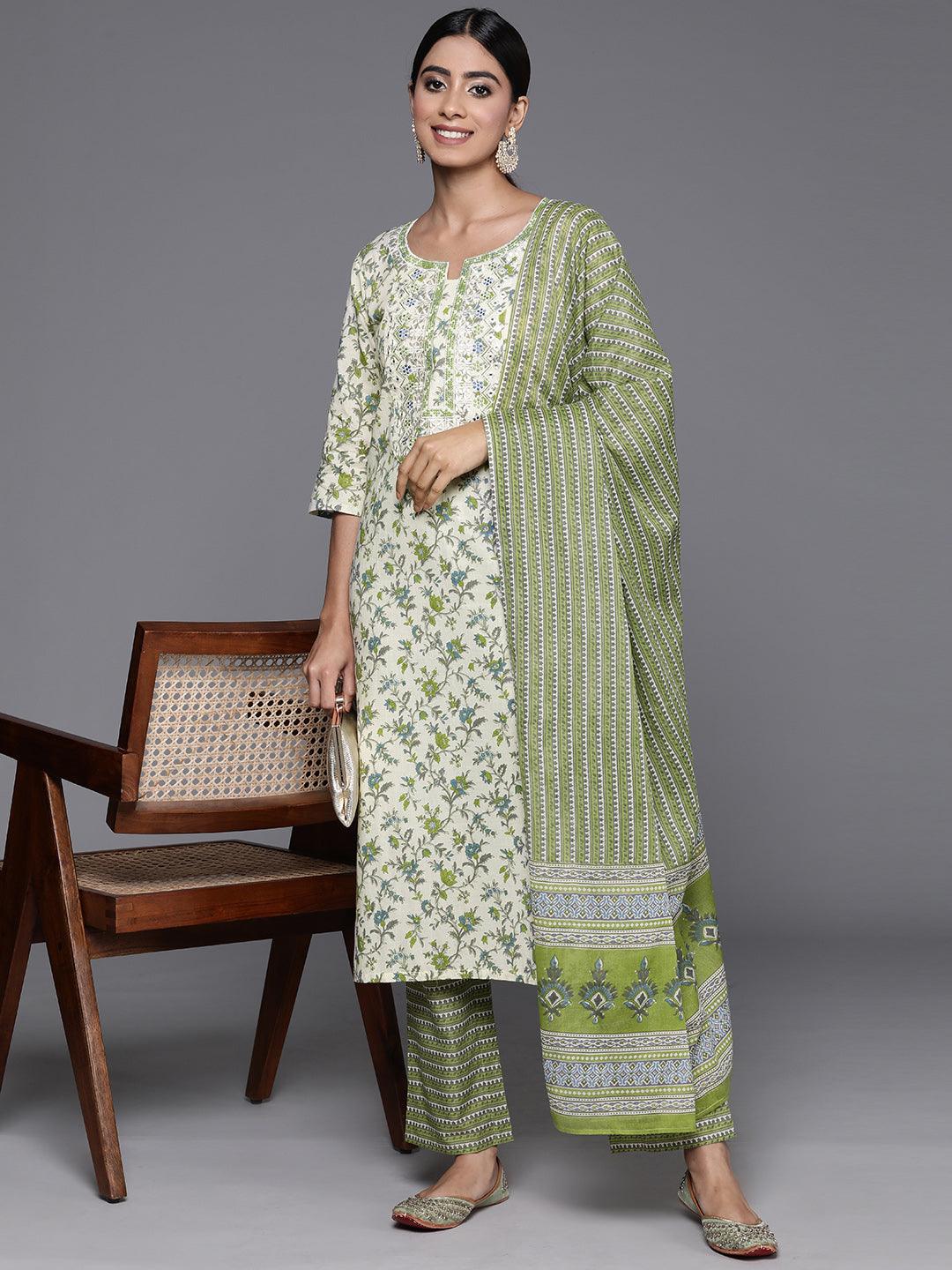 Green Printed Cotton Straight Kurta With Palazzos & Dupatta - Libas