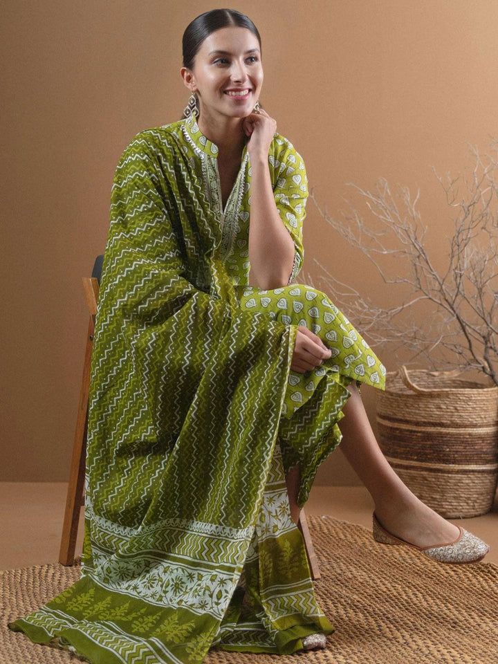 Green Printed Cotton Suit Set - Libas