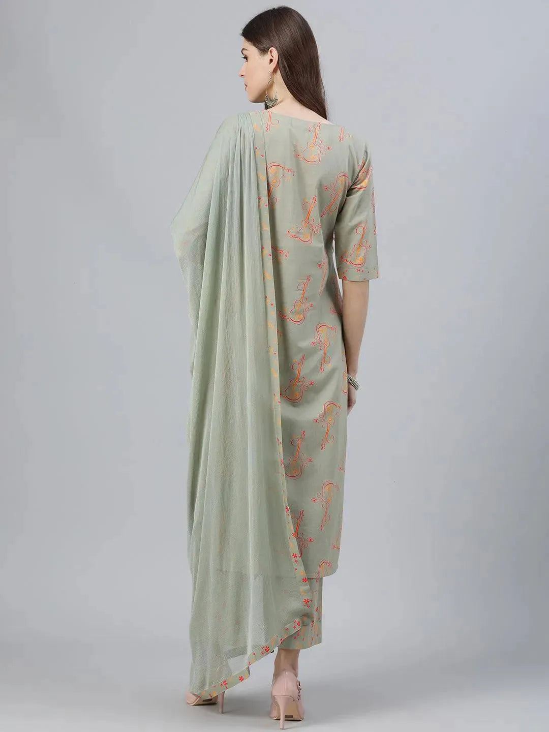 

Green Printed Cotton Straight Kurta With Palazzos & Dupatta