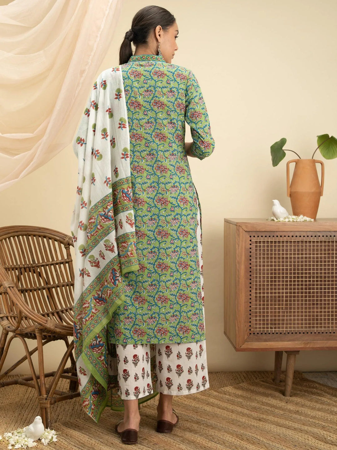 Green Printed Cotton Suit Set - Libas