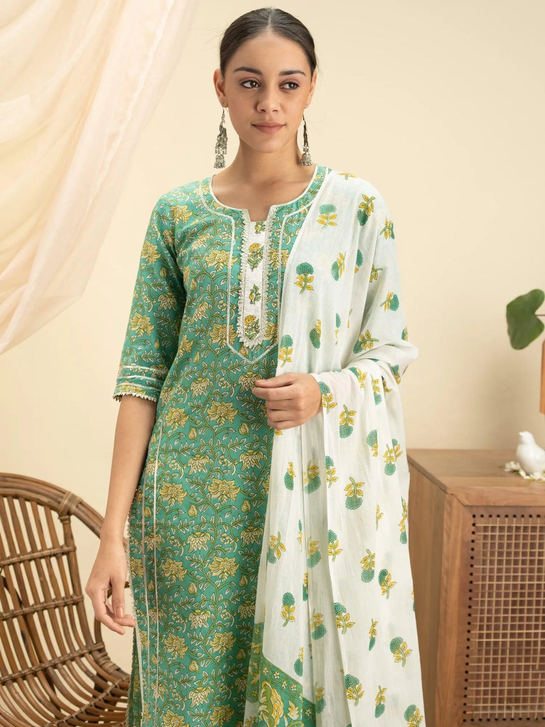 Green Printed Cotton Suit Set - Libas 