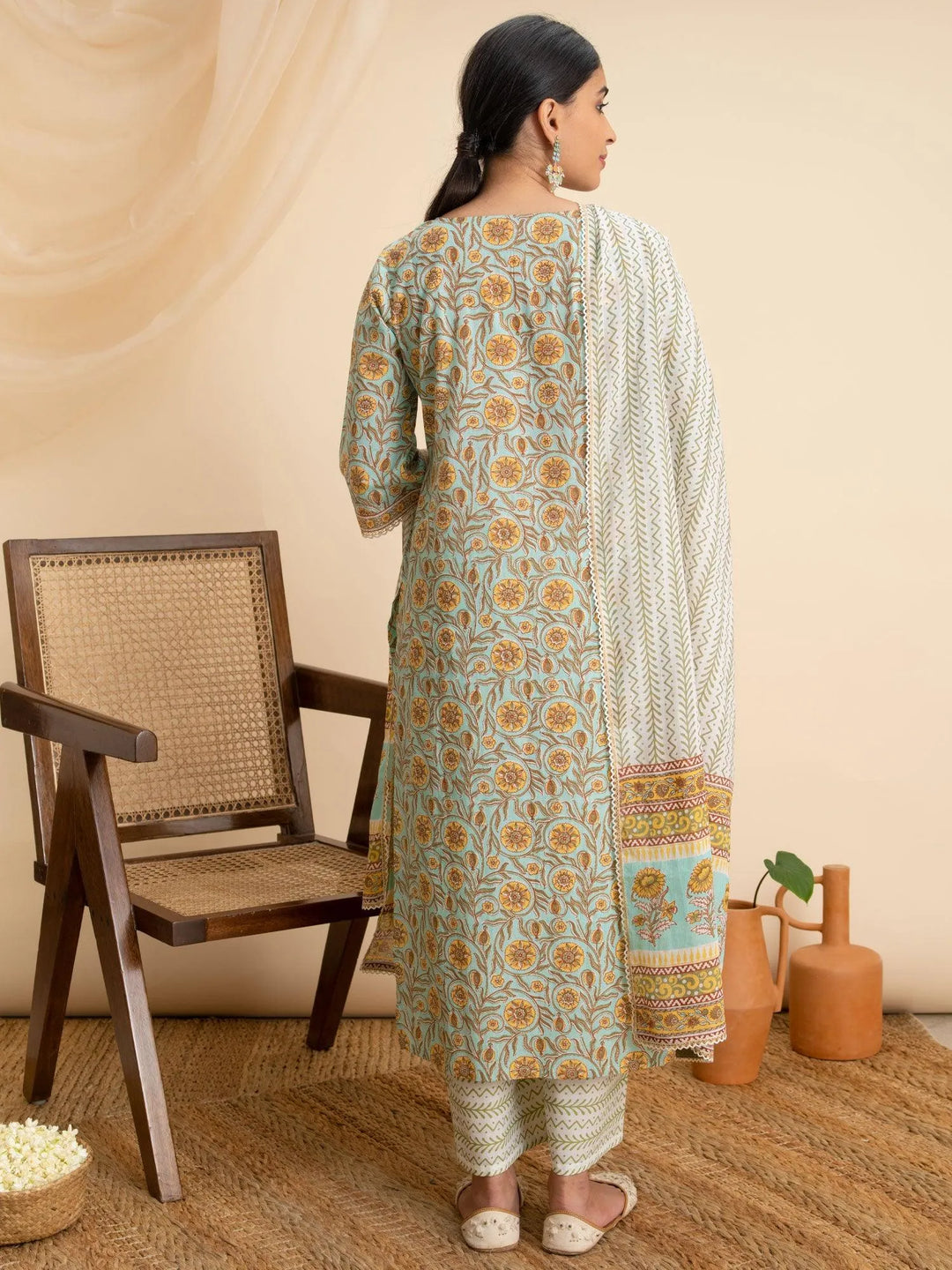 Green Printed Cotton Suit Set - Libas 