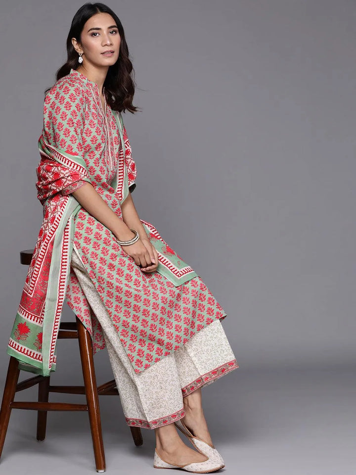 Green Printed Cotton Suit Set - Libas