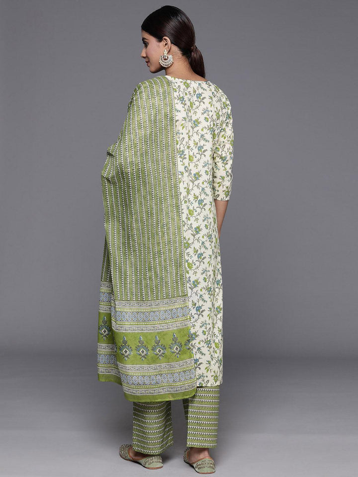 Green Printed Cotton Straight Kurta With Palazzos & Dupatta - Libas