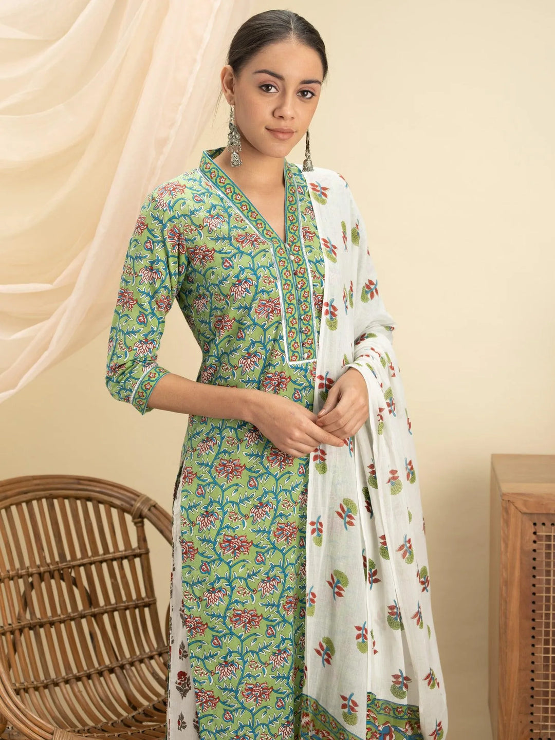 Green Printed Cotton Suit Set - Libas