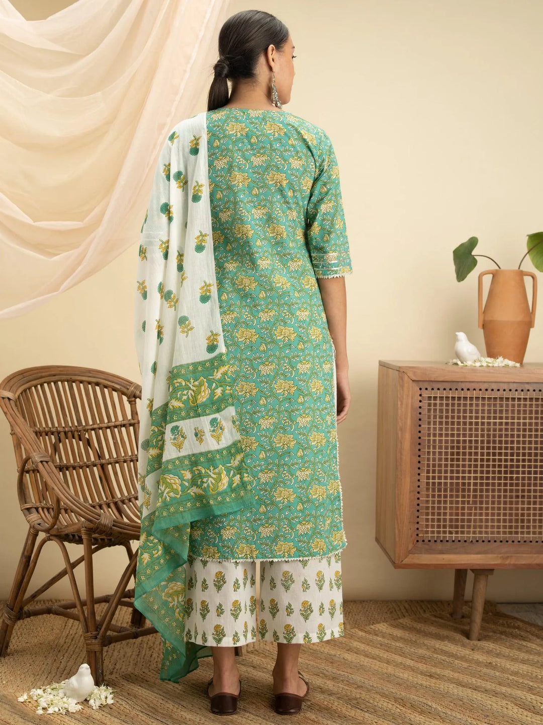 Green Printed Cotton Suit Set - Libas