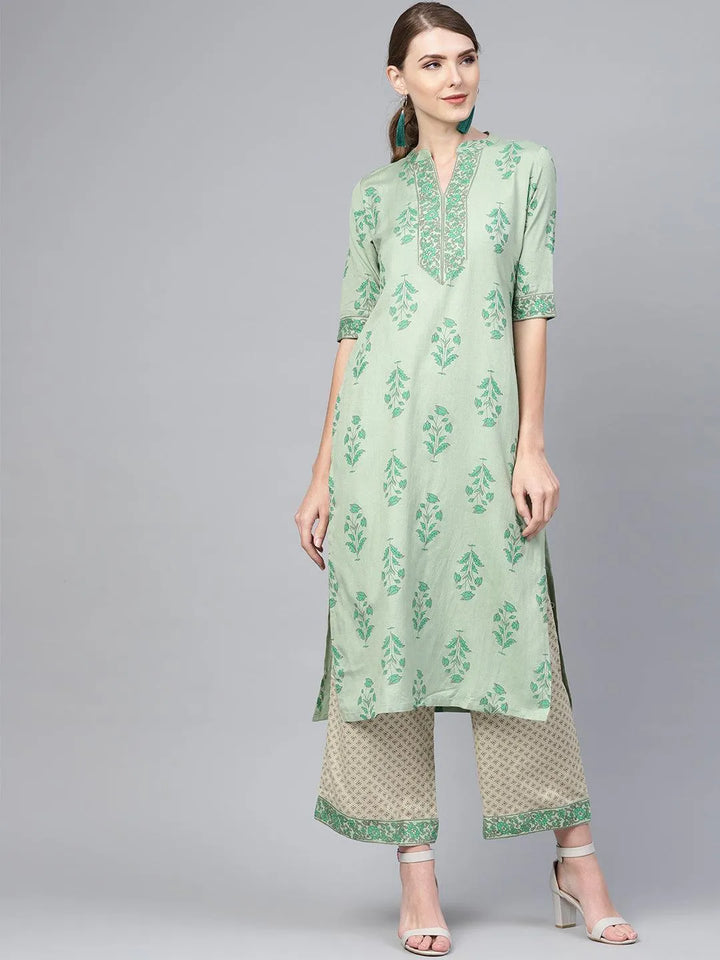 Green Printed Cotton Kurta Set - Libas