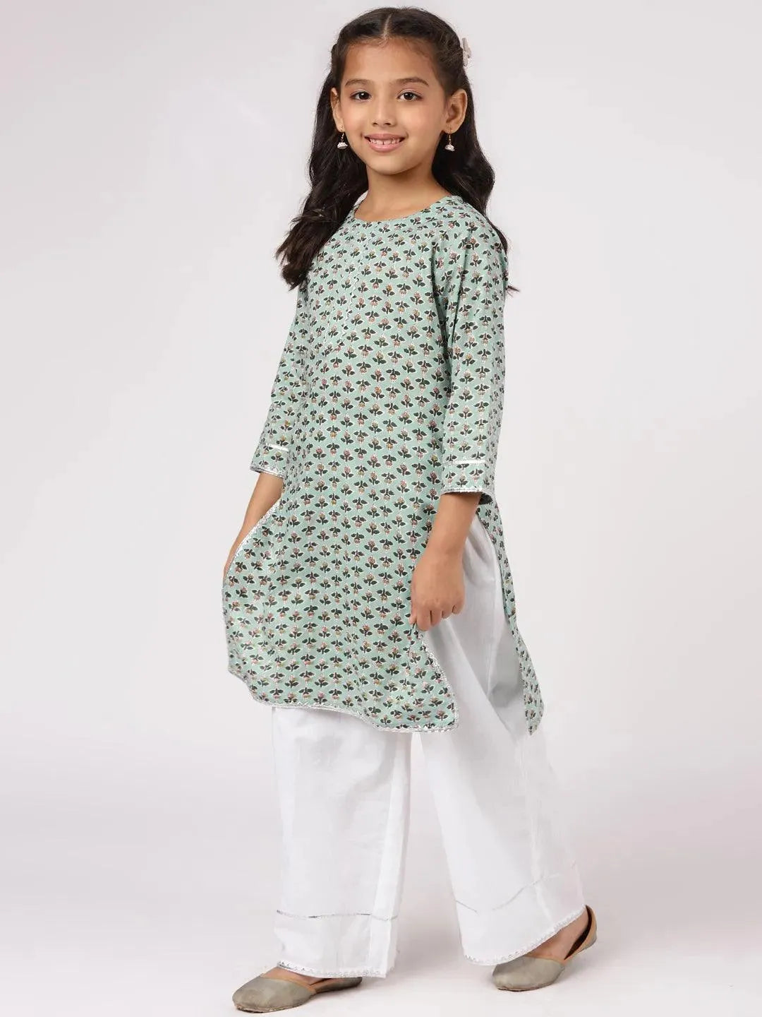 Green Printed Cotton Kurta Set - Libas 