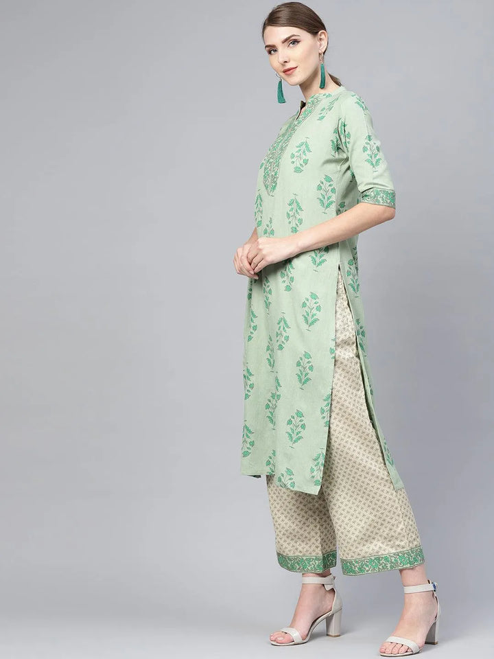 Green Printed Cotton Kurta Set - Libas