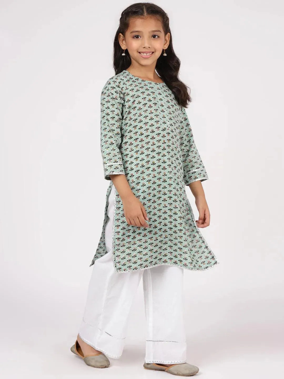 Green Printed Cotton Kurta Set - Libas 