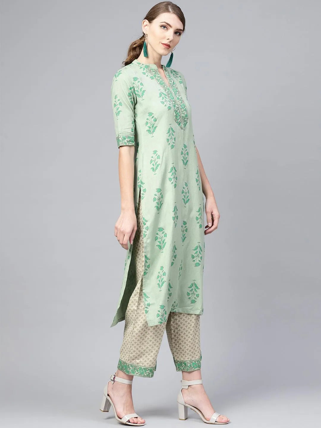 Green Printed Cotton Kurta Set - Libas