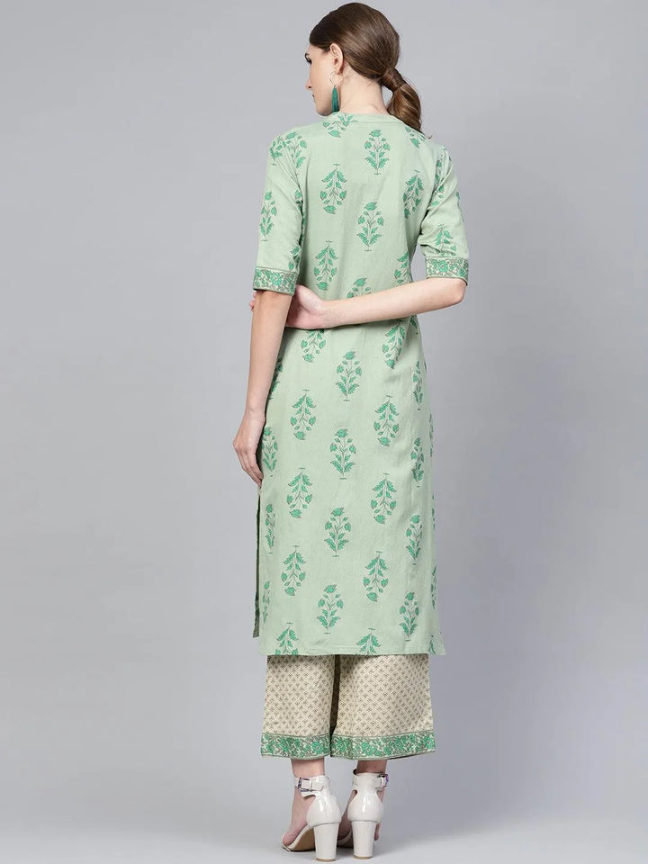 Green Printed Cotton Kurta Set - Libas