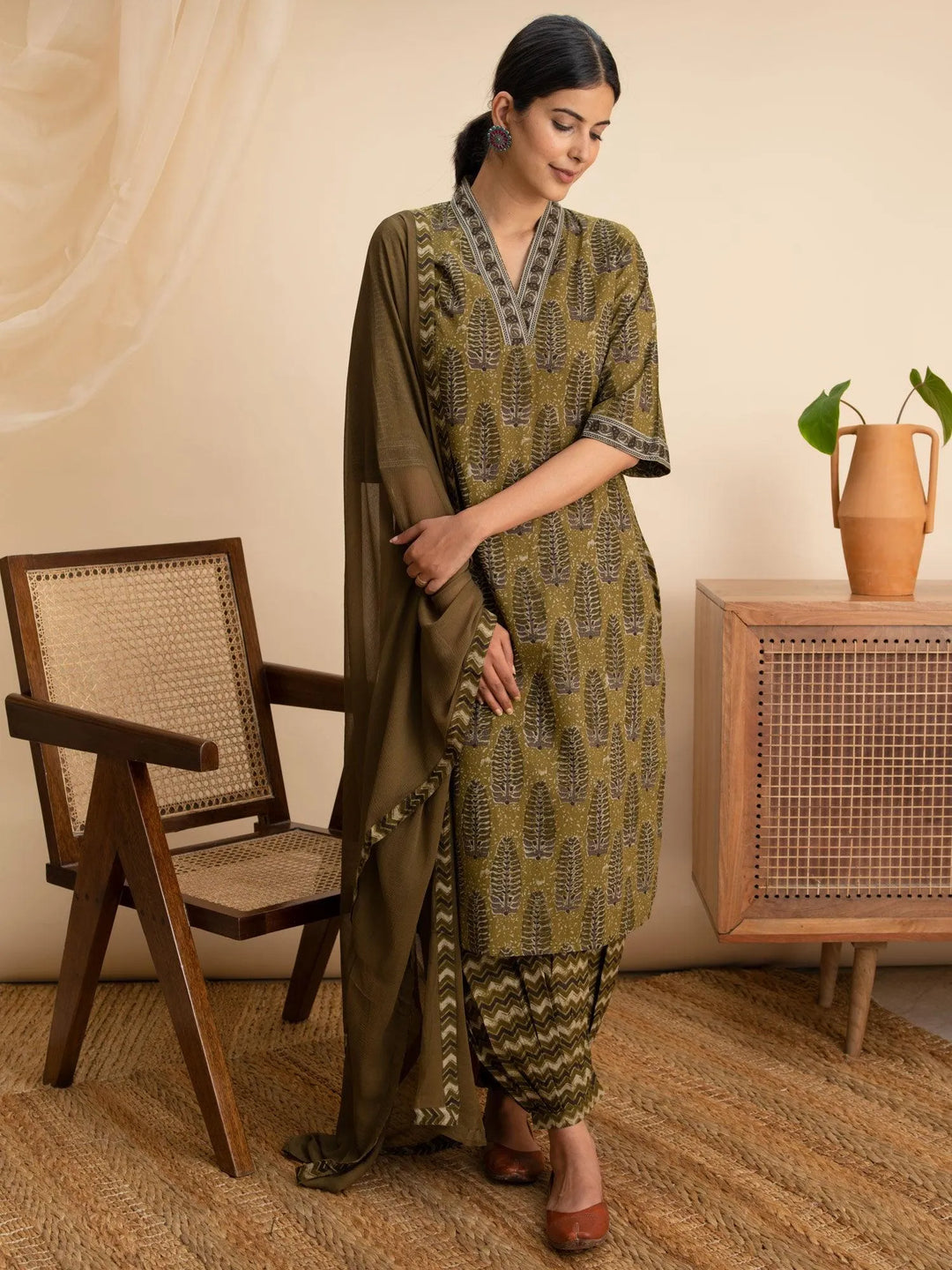 Green Printed Cotton Suit Set - Libas