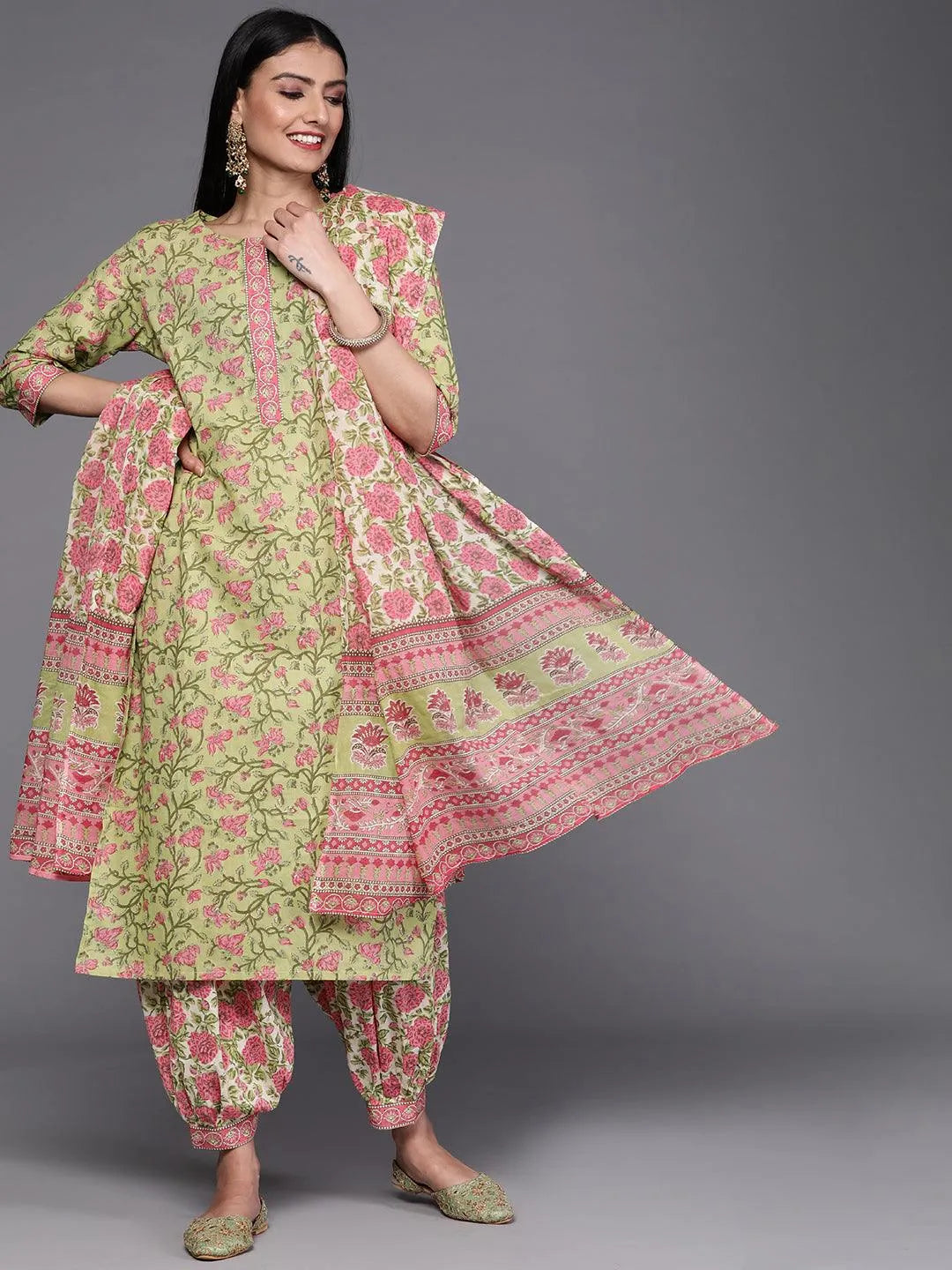 Green Printed Cotton Suit Set - Libas 