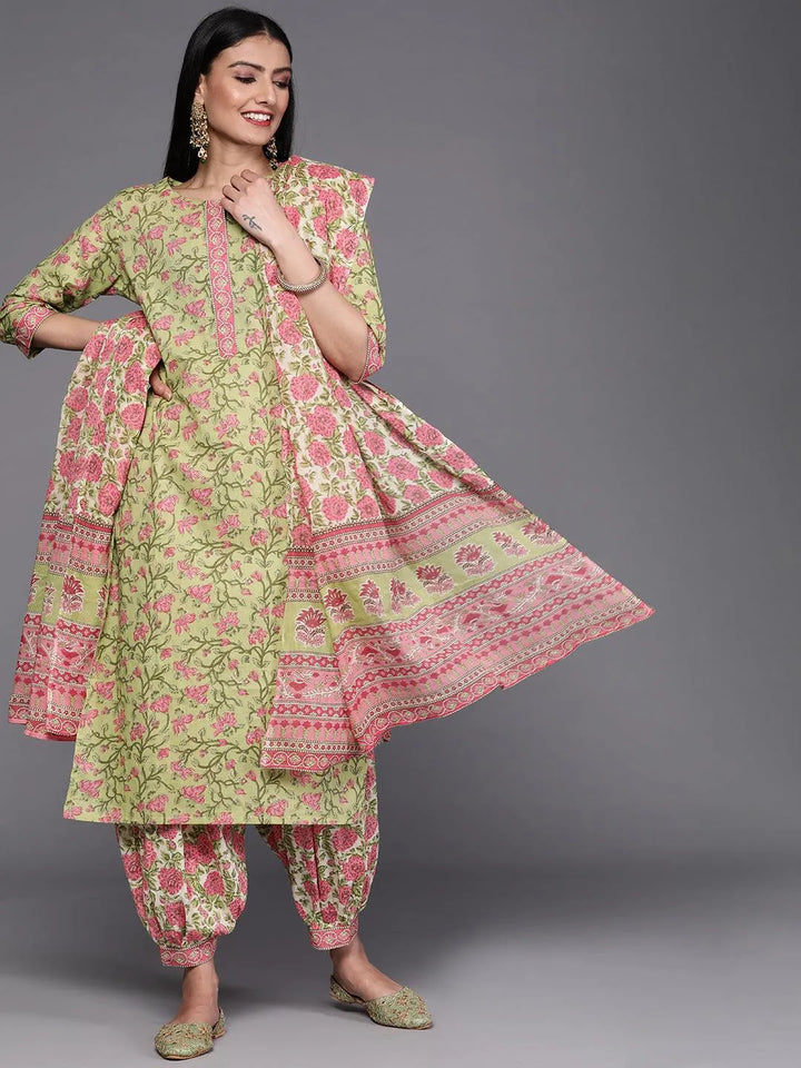 Green Printed Cotton Suit Set - Libas