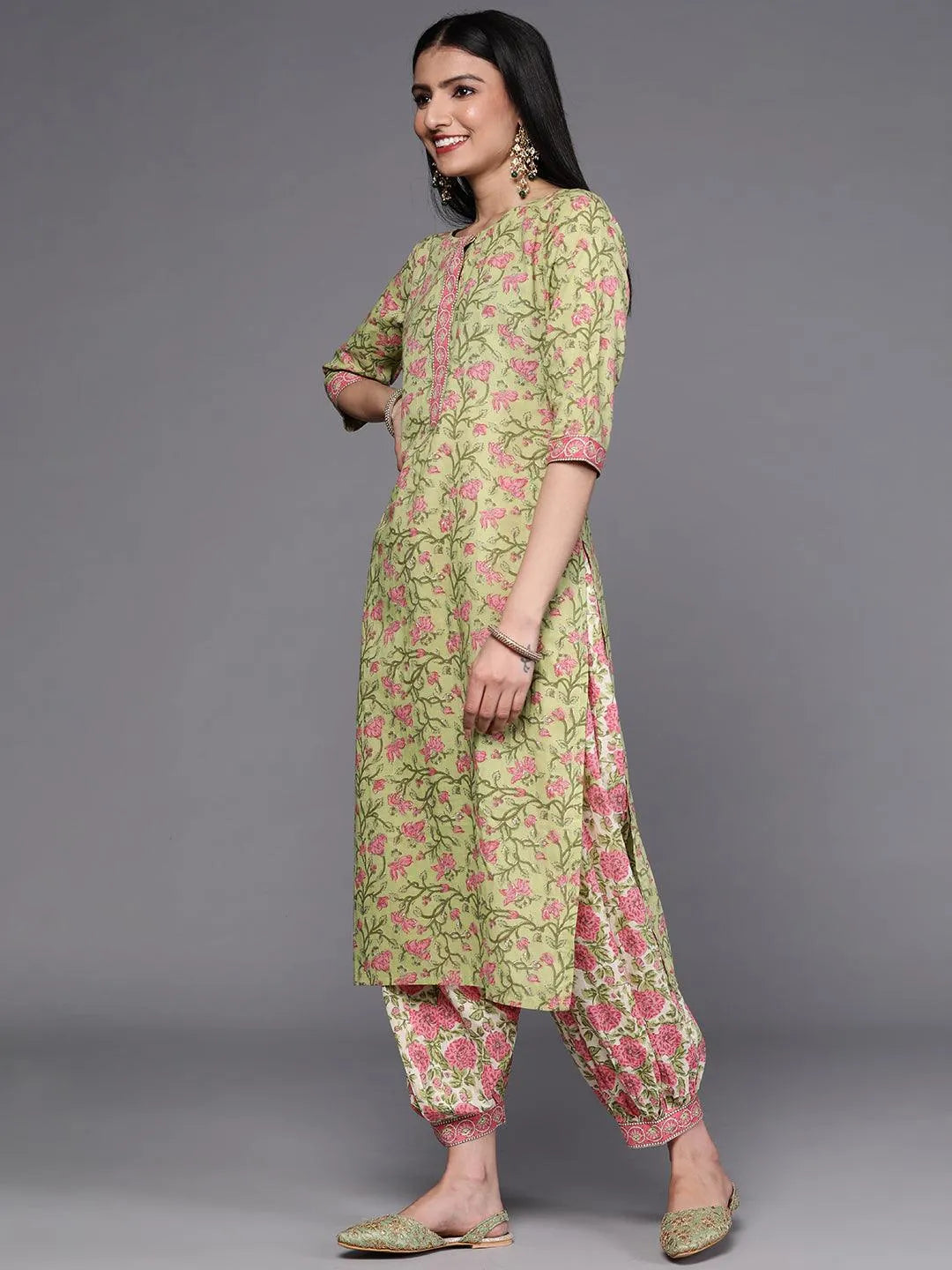 Green Printed Cotton Suit Set - Libas