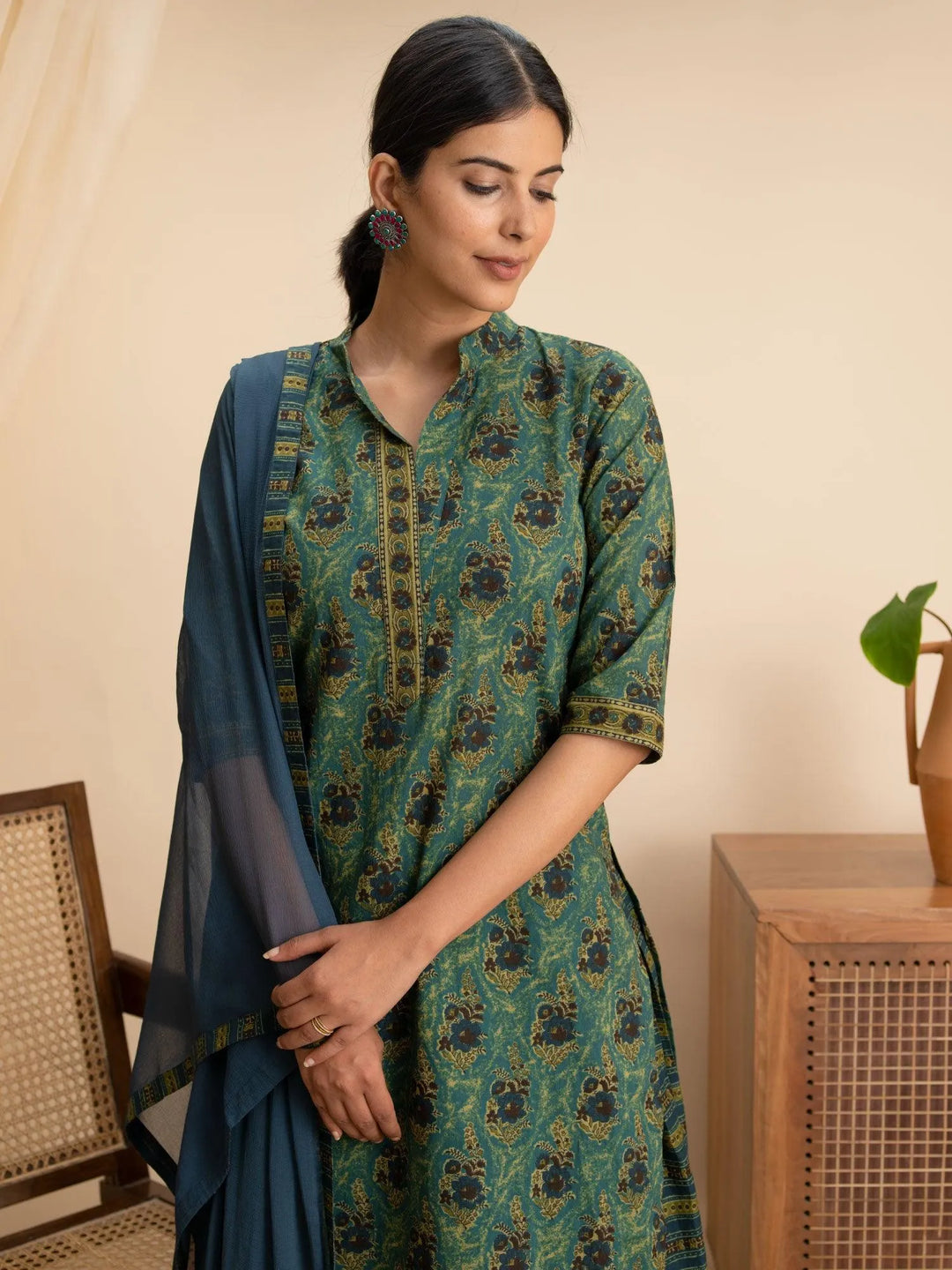 Green Printed Cotton Suit Set - Libas