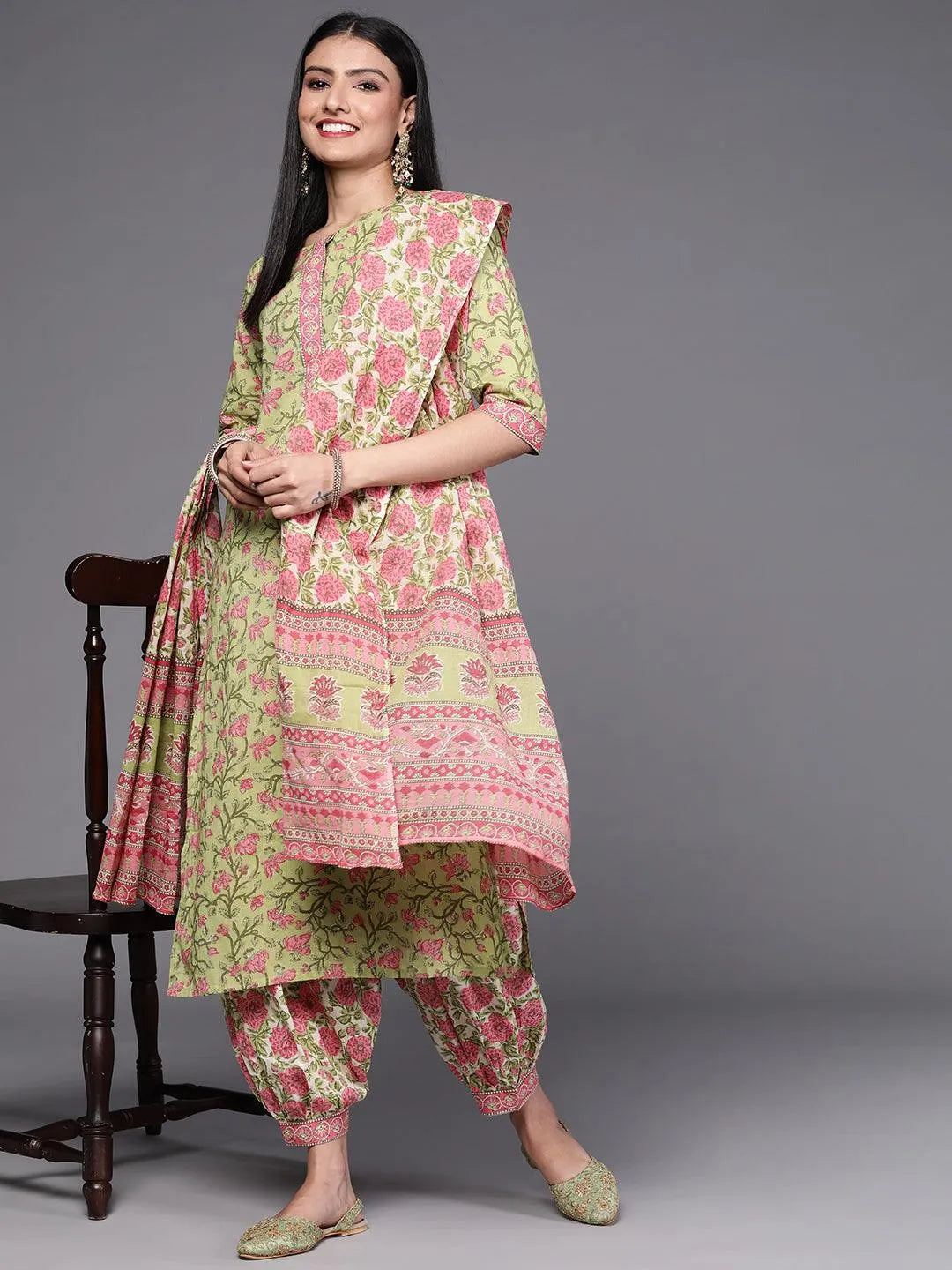 Green Printed Cotton Suit Set - Libas 