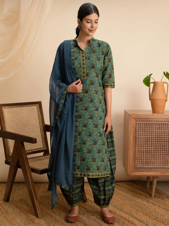 Green Printed Cotton Suit Set - Libas