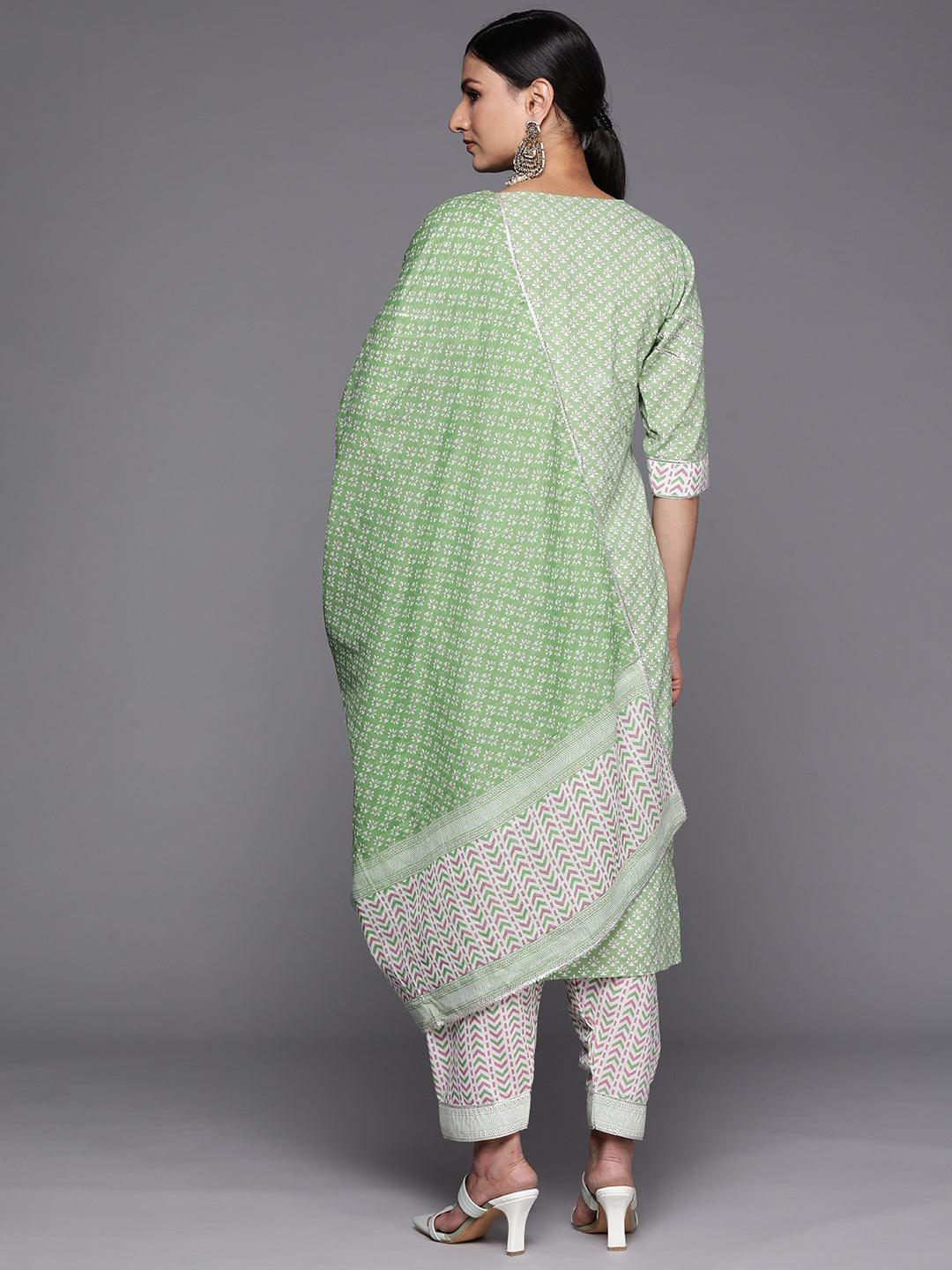 Green Printed Cotton Straight Kurta With Salwar & Dupatta