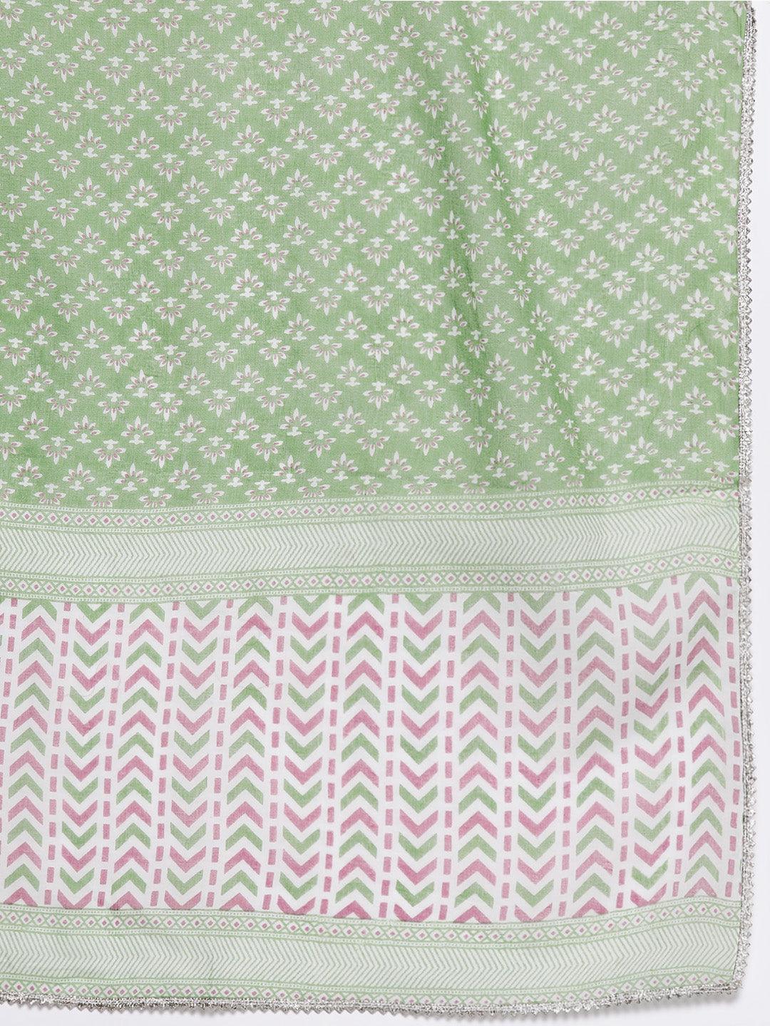 Green Printed Cotton Straight Kurta With Salwar & Dupatta
