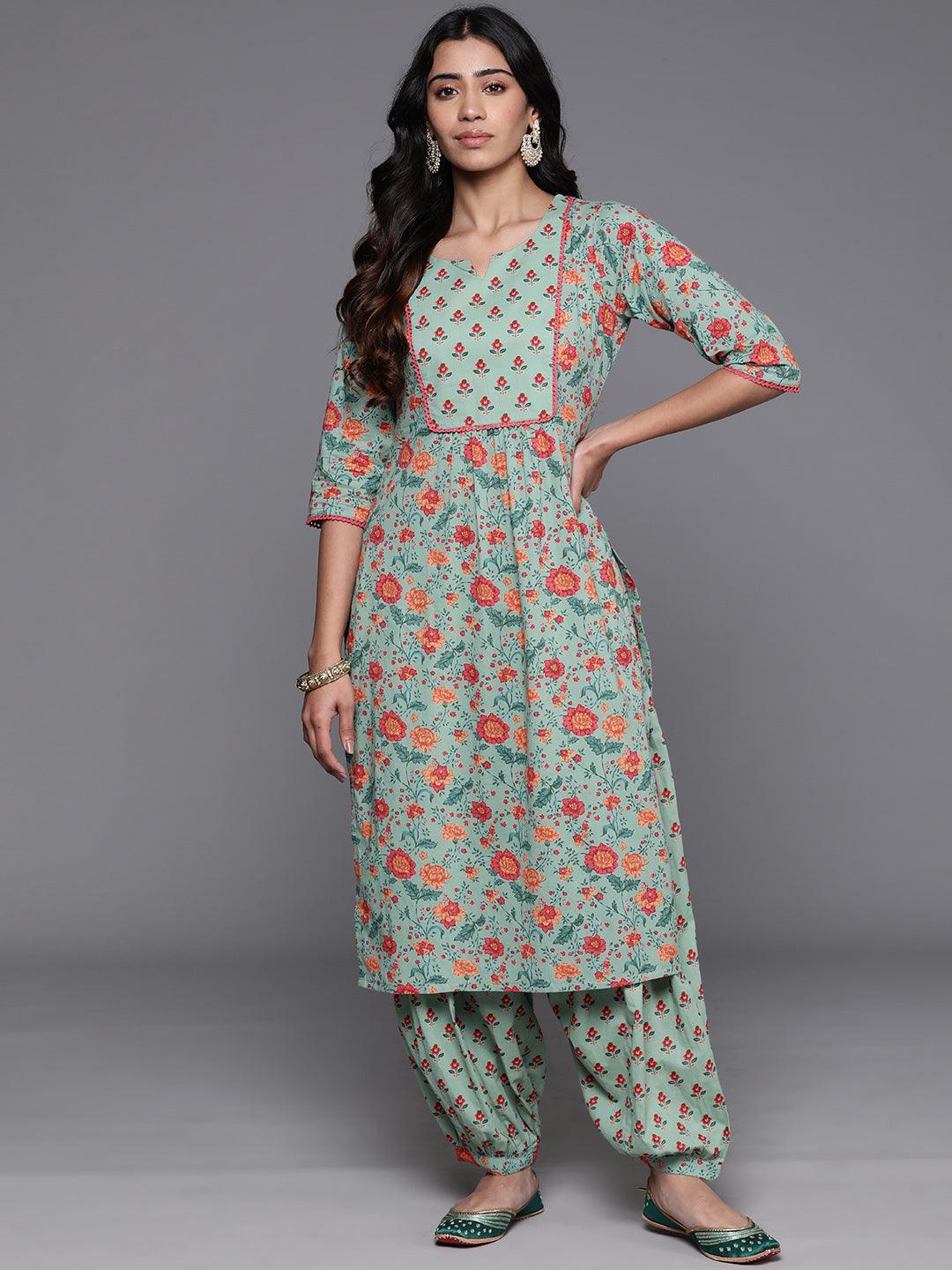 Green Printed Cotton Straight Kurta With Salwar - Libas