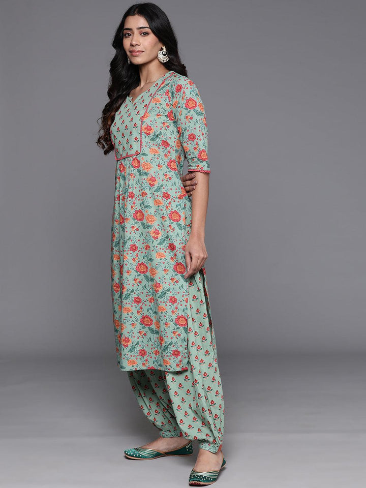 Green Printed Cotton Straight Kurta With Salwar - Libas