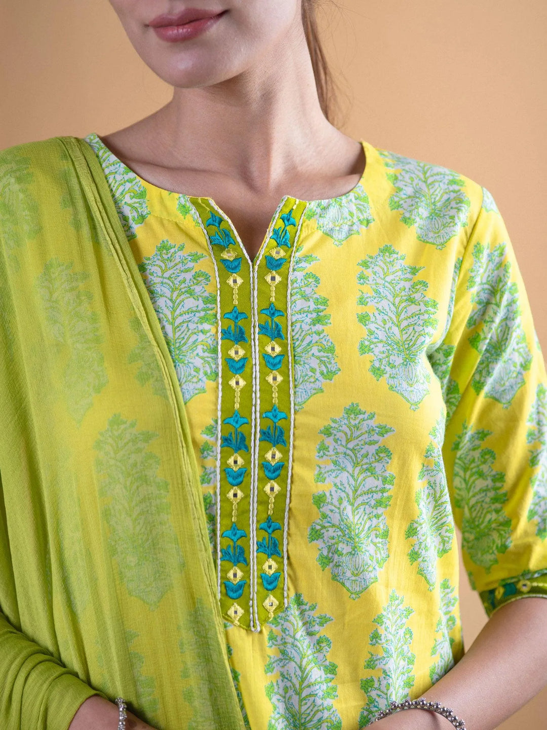 Green Printed Cotton Suit Set - Libas 