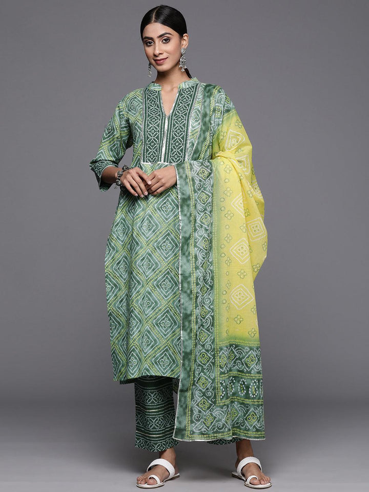 Green Printed Cotton Straight Kurta With Trousers & Dupatta - Libas