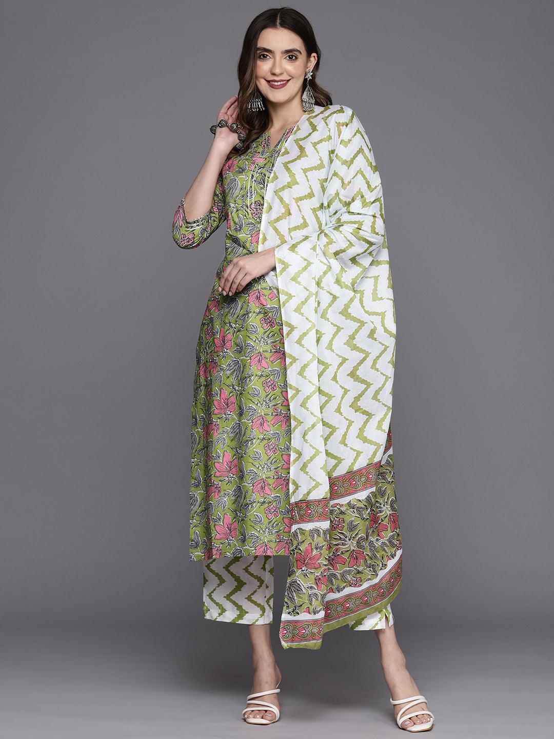 Green Printed Cotton Straight Kurta With Trousers & Dupatta - Libas