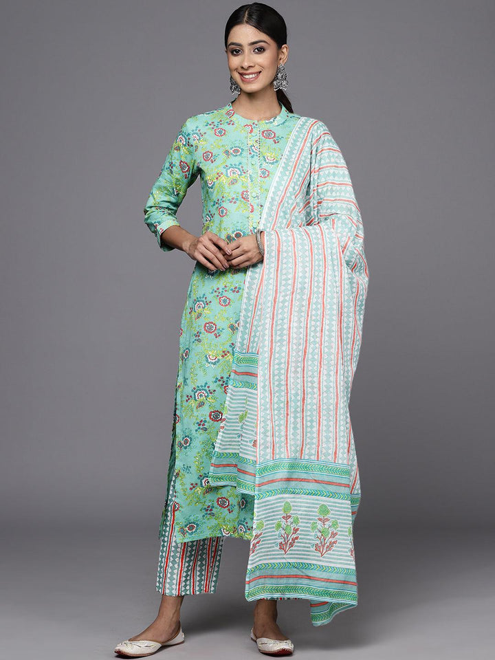 Green Printed Cotton Straight Kurta With Trousers & Dupatta - Libas