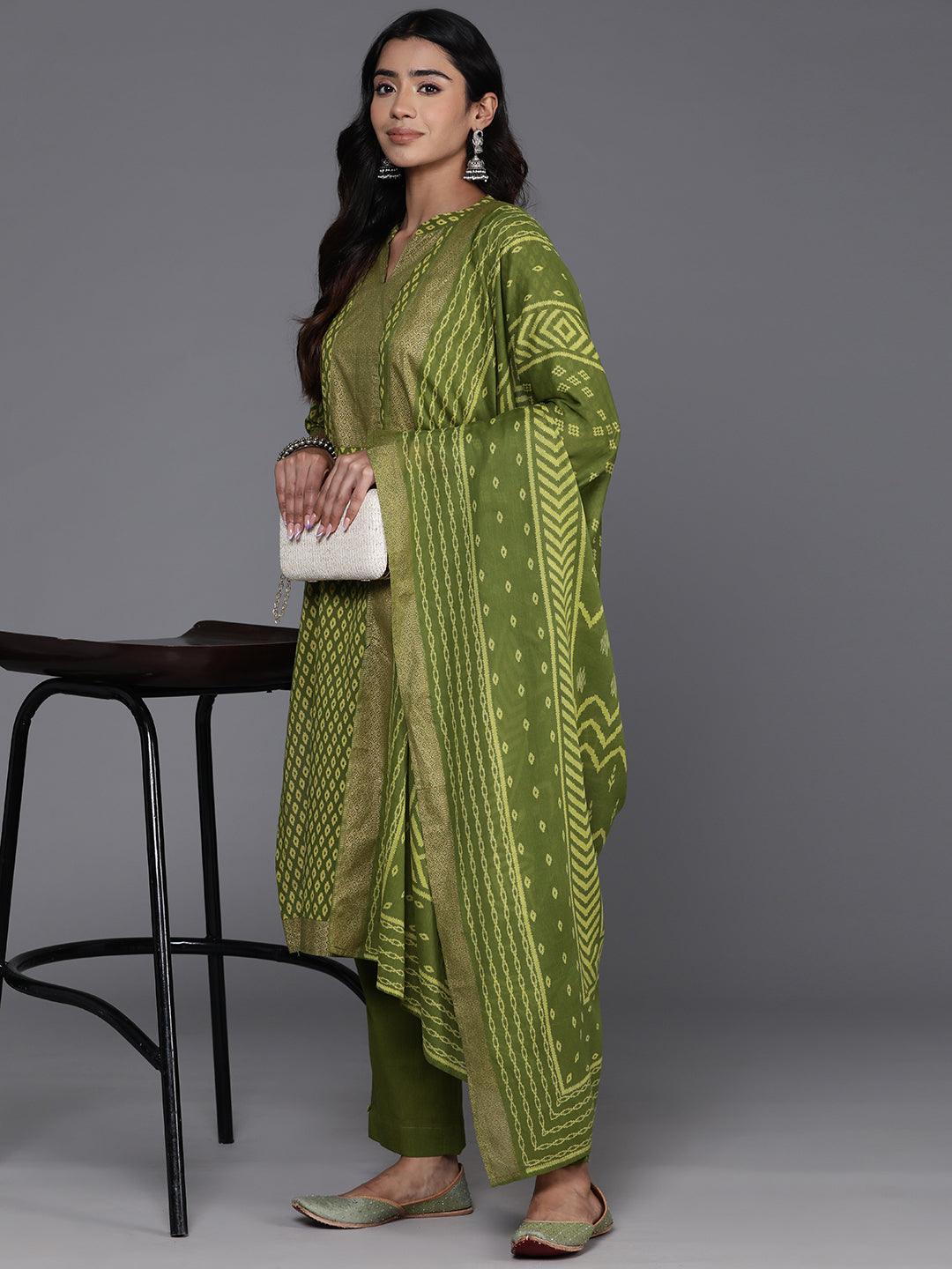 Green Printed Cotton Straight Kurta With Trousers & Dupatta - Libas