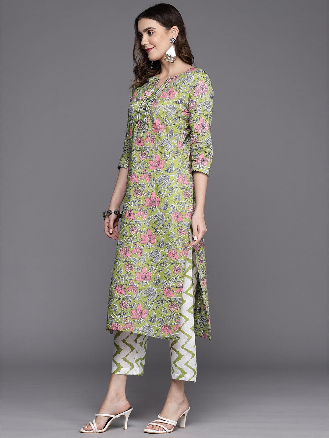 Green Printed Cotton Straight Kurta With Trousers & Dupatta - Libas