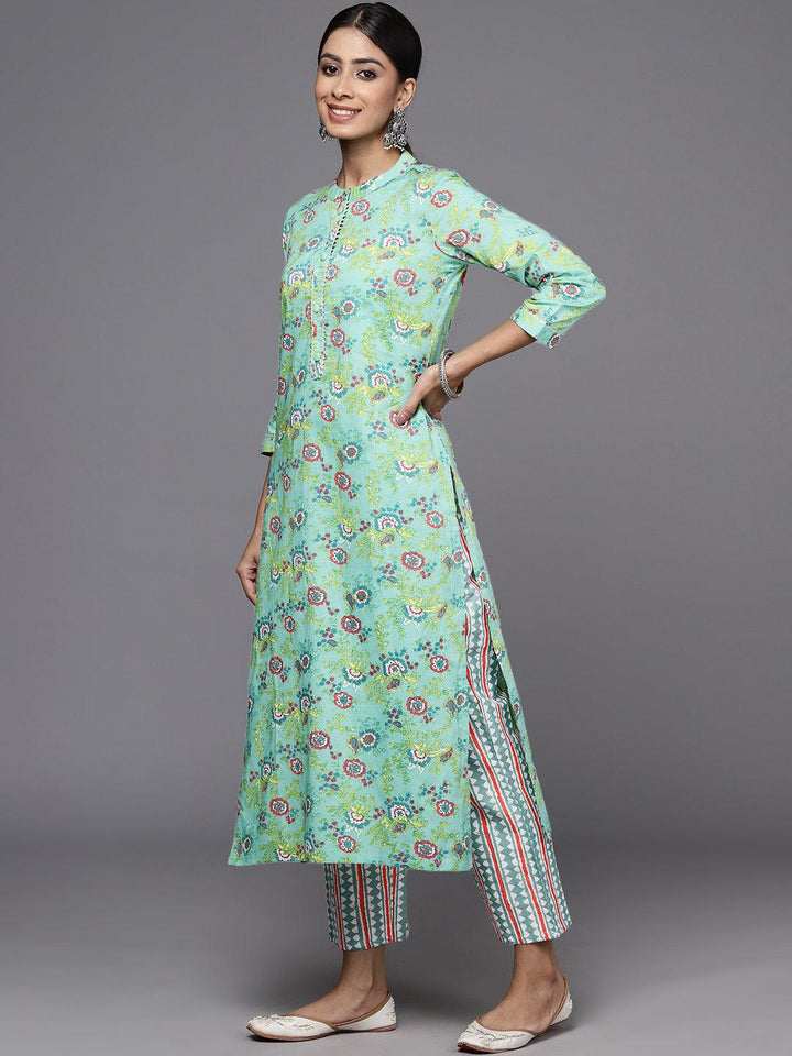 Green Printed Cotton Straight Kurta With Trousers & Dupatta - Libas