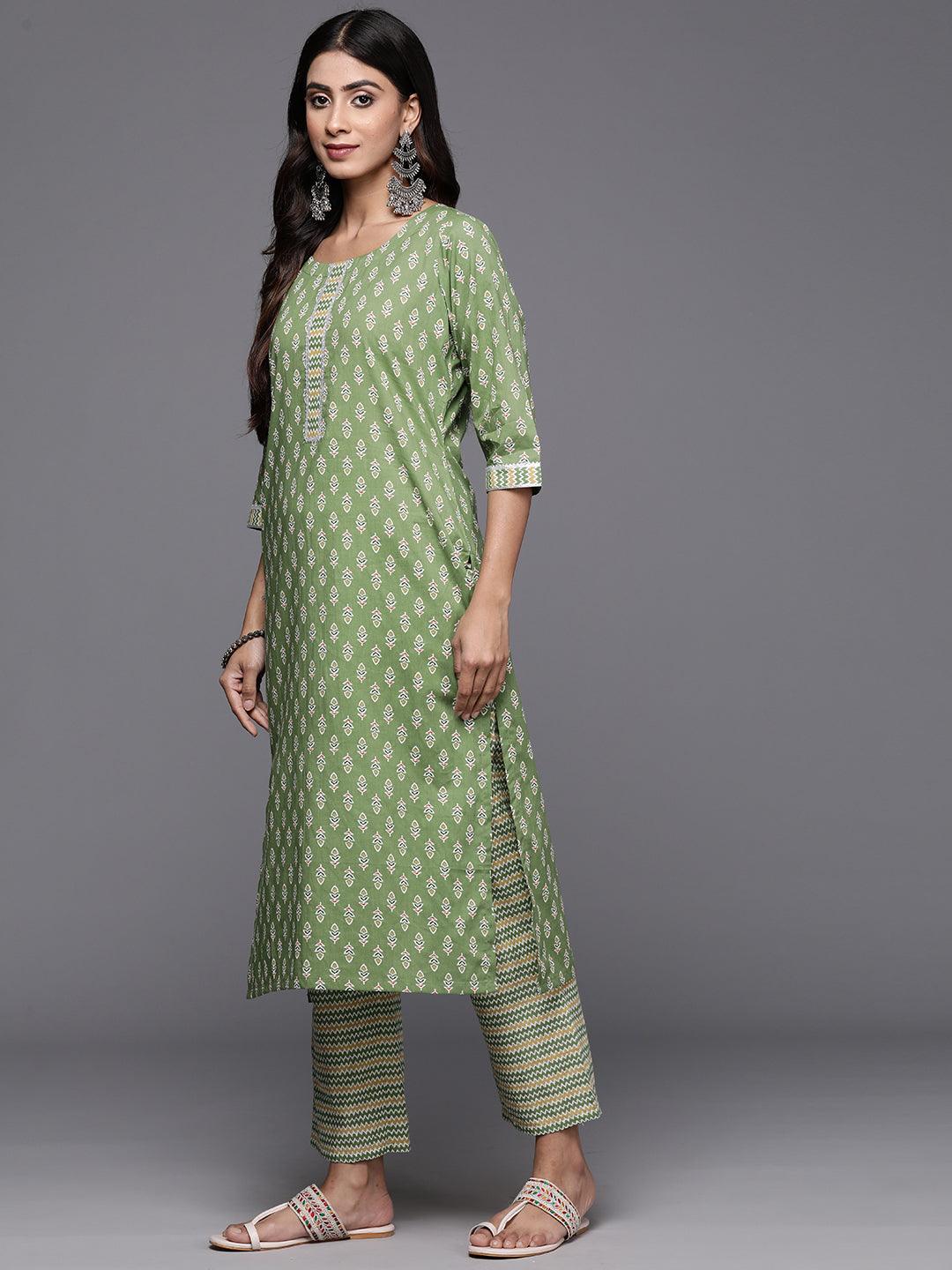 Green Printed Cotton Straight Kurta With Trousers & Dupatta - Libas