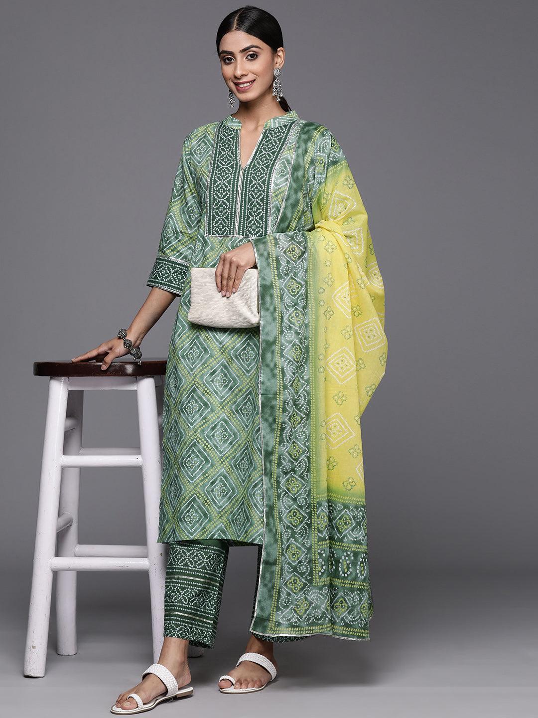 Green Printed Cotton Straight Kurta With Trousers & Dupatta - Libas