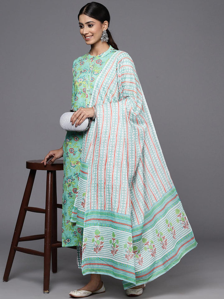 Green Printed Cotton Straight Kurta With Trousers & Dupatta - Libas