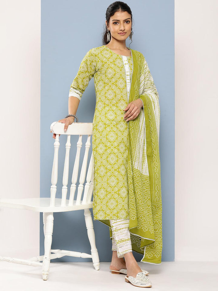 Green Printed Cotton Straight Suit Set With Trousers - Libas