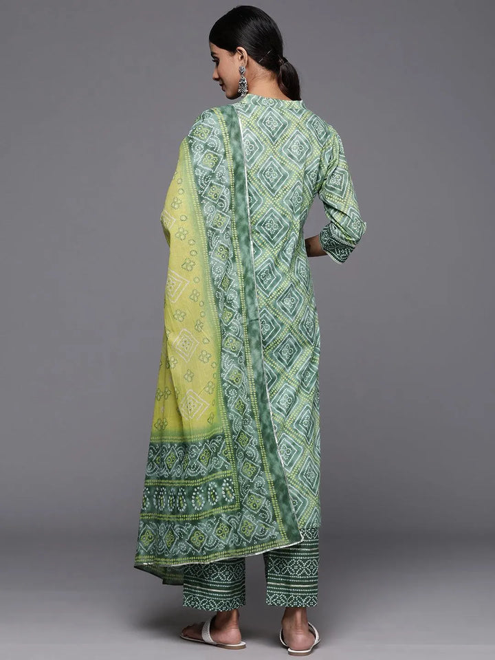 Green Printed Cotton Straight Kurta With Trousers & Dupatta - Libas