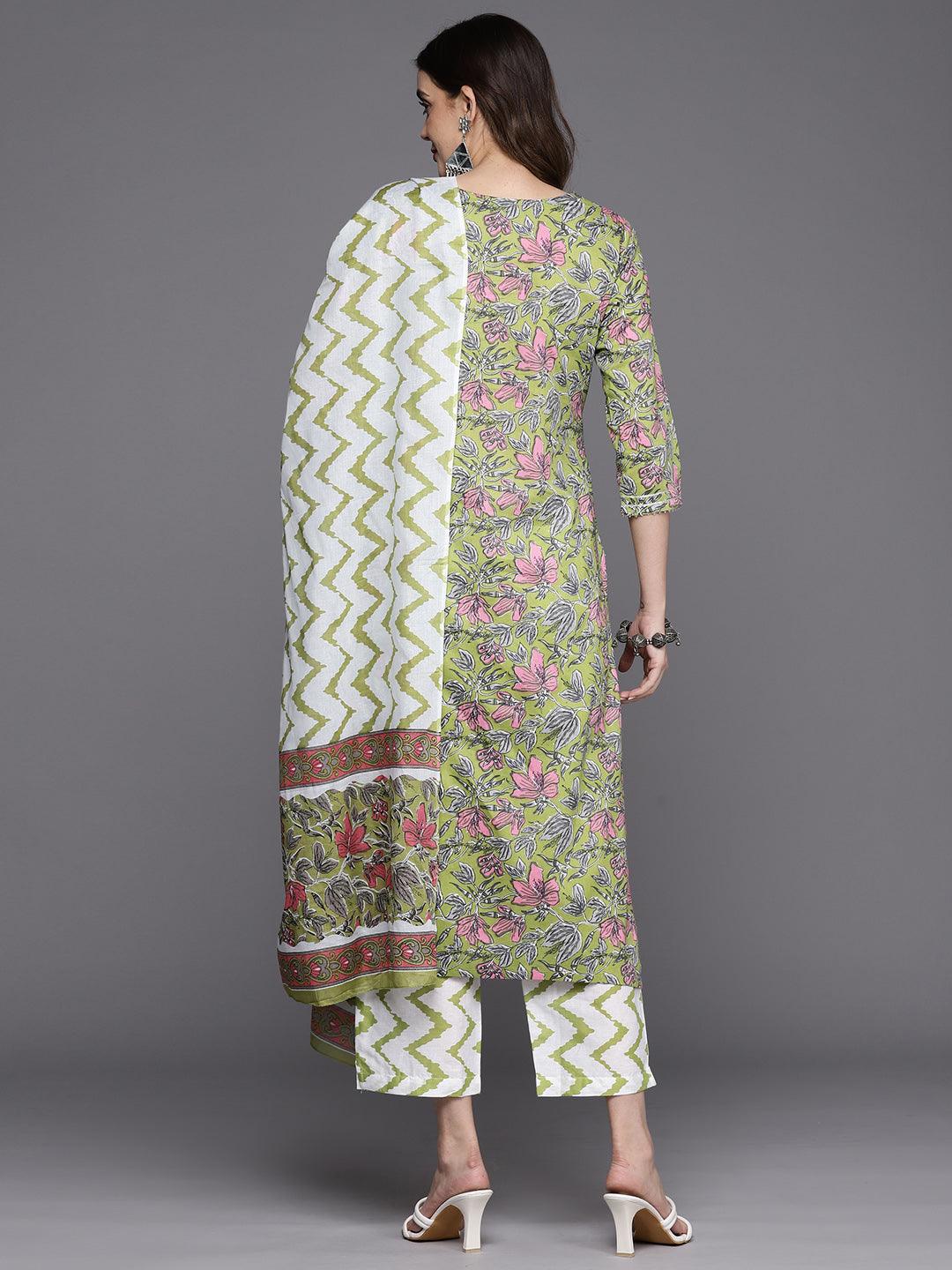 Green Printed Cotton Straight Kurta With Trousers & Dupatta - Libas