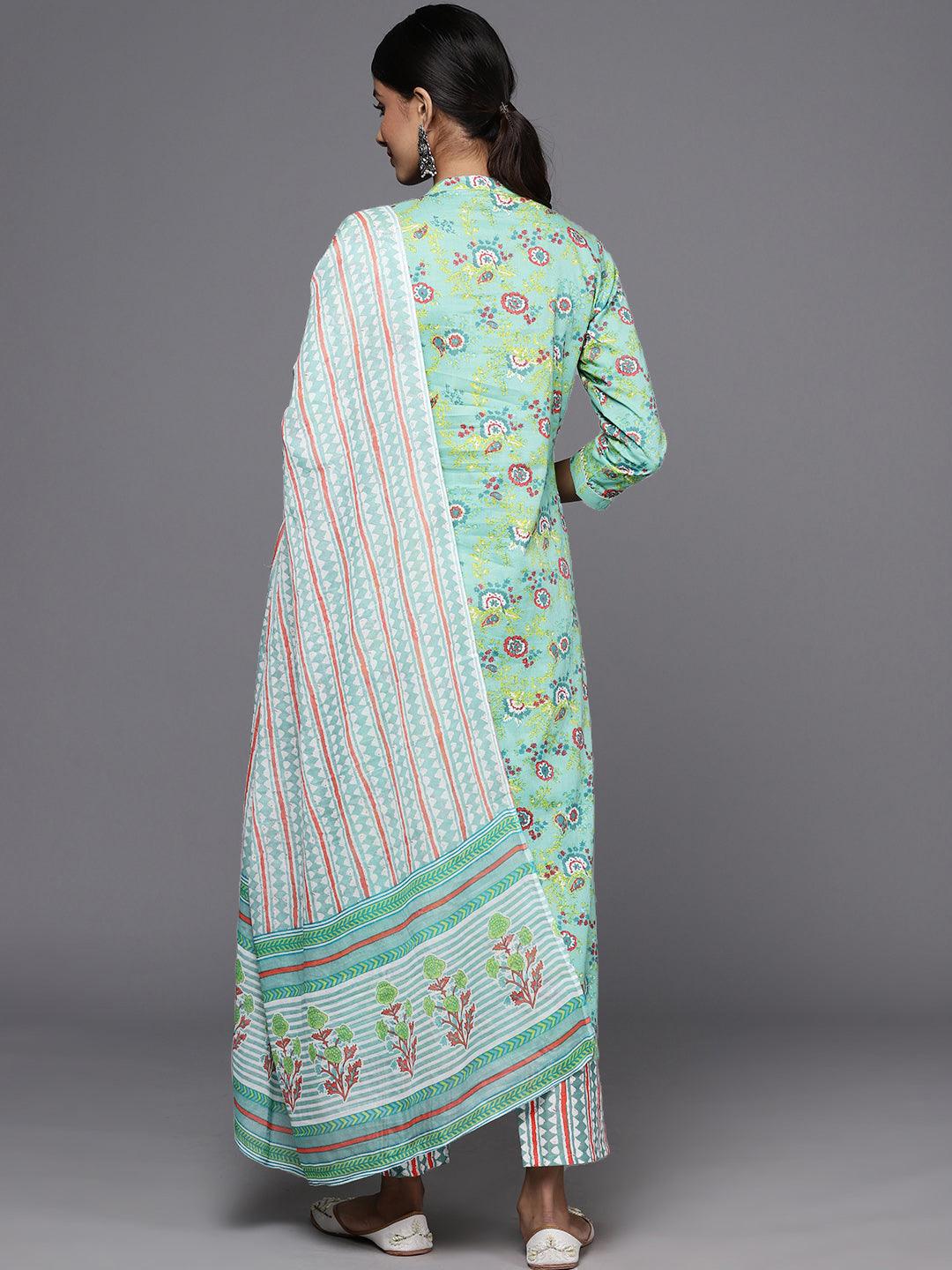 Green Printed Cotton Straight Kurta With Trousers & Dupatta - Libas