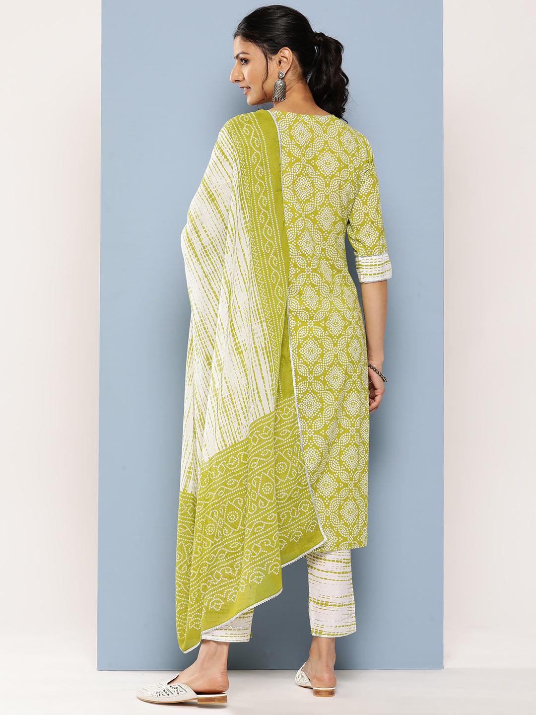 Green Printed Cotton Straight Suit Set With Trousers - Libas