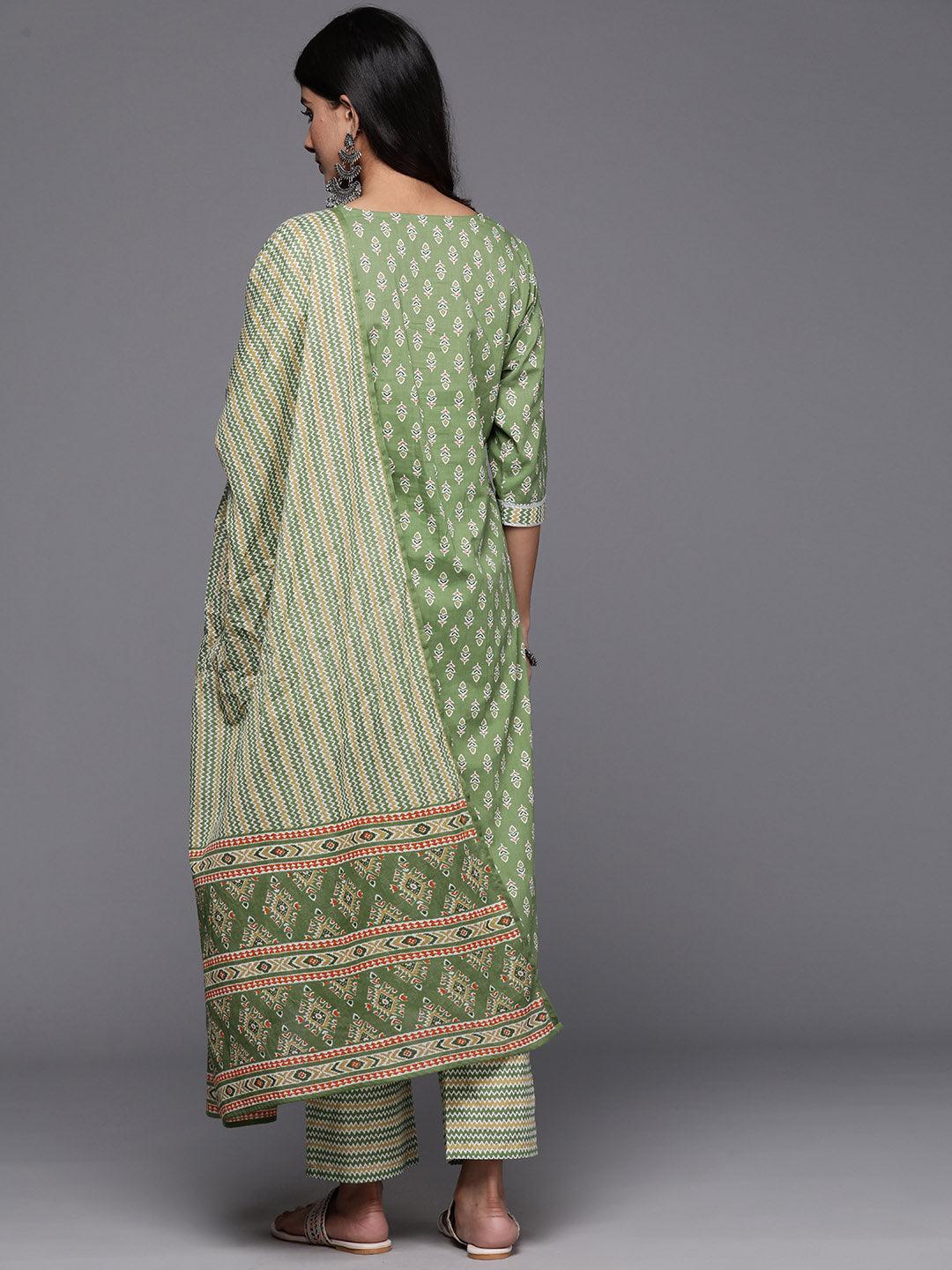 Green Printed Cotton Straight Kurta With Trousers & Dupatta - Libas