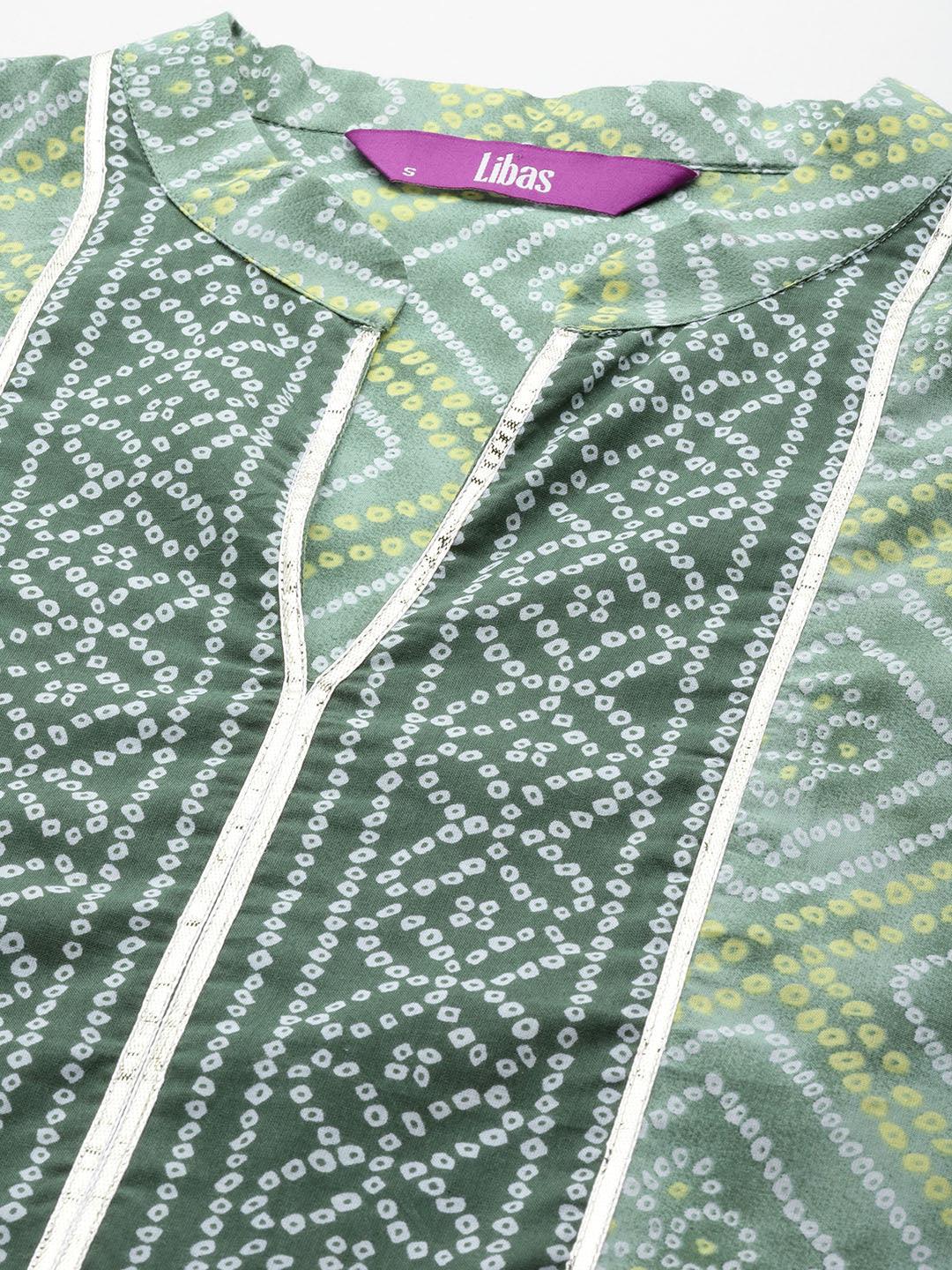 Green Printed Cotton Straight Kurta With Trousers & Dupatta - Libas