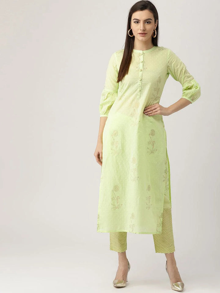 Green Printed Cotton Kurta Set - Libas